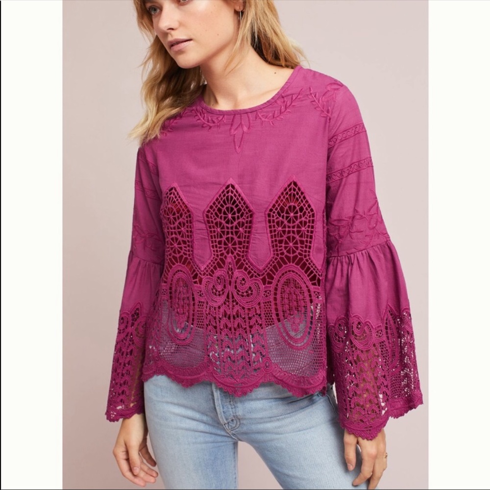 Anthropology Chloe Oliver Bell Sleeve lace top